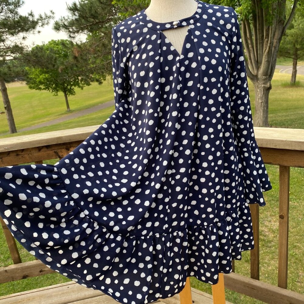 Navy Blue Polka Dots Mini Dress Tunic Top Women Size M  Bell Long Sleeve Cut Out - Picture 15 of 15